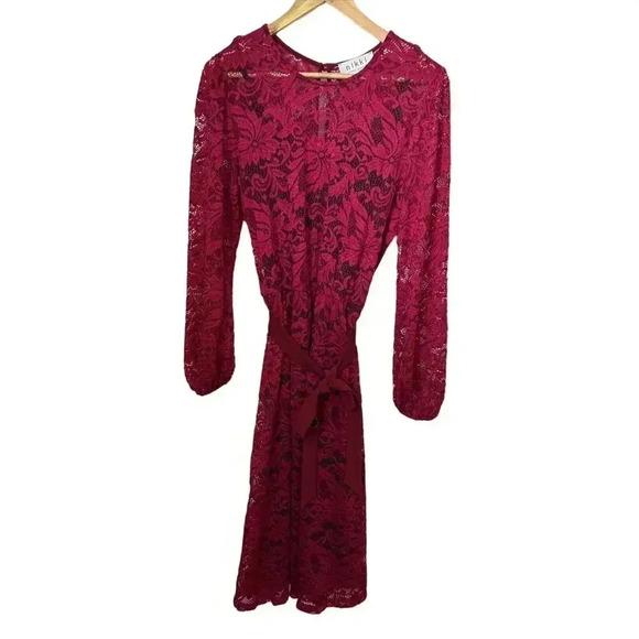 Nikki Poulos Magenta Pink Floral Lace & Blue Lining Size M Stretch Midi Dress - Picture 11 of 16